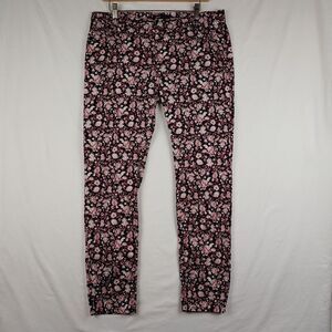 Ming Casual Pants Womens 12 Black Pink Floral Mid Rise Flat Front Skinny Pockets